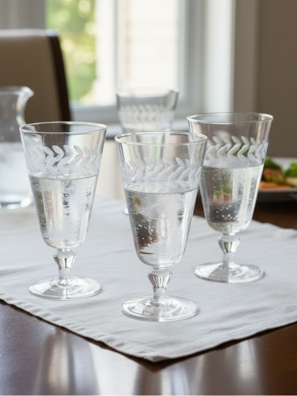 Vintage Libbey Gray Etched Laurel Leaf  Water Footed Glasses Goblets Set of 5